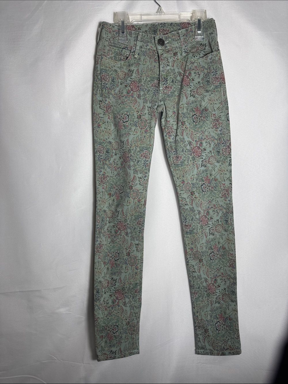 True Religion Green Paisley Vintage Stretchy Skinny Jeans Women’s Size 25